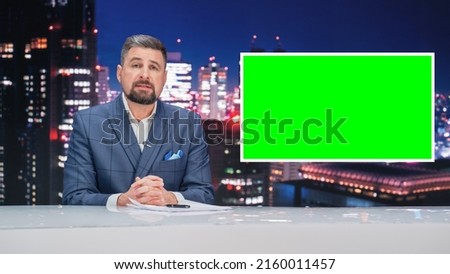 Late Night TV Talk Show Live News Program: Anchorman Presenter Reporting, Uses Green Screen Template. Television Cable Channel Anchorman Host Talks. Network Broadcast Newsroom Studio Mockup.