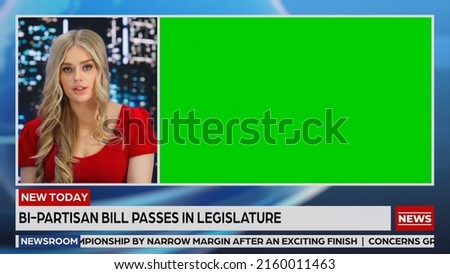 Split Screen TV News Live Report: Female Anchor Talks, Reporting. Reportage Montage with Picture in Picture Green Screen, Side by Side Chroma Key. Television Program Channel Concept Royalty-Free Stock Photo #2160011463