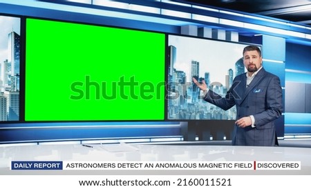 Newsroom TV Studio Live News Program: Caucasian Male Presenter Reporting Bad News, Green Screen Chroma Key Screen Picture. Television Cable Channel Anchor Talks. Network Broadcast Mock-up.