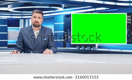 TV Talk Show Live News Program: Anchorman Presenter Reporting, Uses Green Screen Template. Television Cable Channel Anchorman Host Talks. Network Broadcast Newsroom Studio Mockup.