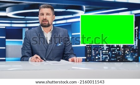 TV Talk Show Live News Program: Anchorman Presenter Reporting, Uses Green Screen Template. Television Cable Channel Anchorman Host Talks. Network Broadcast Newsroom Studio Mockup.
