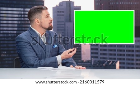 Daytime TV Talk Show Live News Program: Anchorman Presenter Reporting, Uses Green Screen Template. Television Cable Channel Anchorman Host Talks. Network Broadcast Newsroom Studio Mockup.