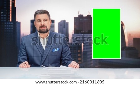 Split Screen TV News Live Report: Male Anchor Talks, Reporting. Reportage Montage with Picture in Picture Green Screen, Side by Side Chroma Key. Television Program on Cable Channel Concept