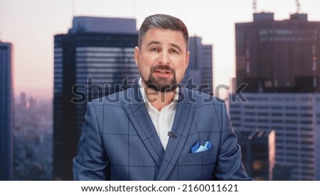 Daytime TV Talk Show Live News Program: Charismatic Male Anchor Presenter Reporting. Television Cable Channel Anchorman Host Talks. Network Broadcast Newsroom Studio Mockup.