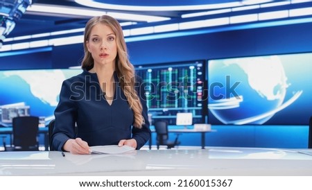 TV Live News Program: Professional Female Presenter Reporting on Current Events. Television Cable Channel Anchorwoman Talks Confidently. Mock-up Network Broadcasting in Newsroom Studio.