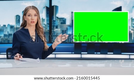 Newsroom TV Studio Live News Program: Caucasian Female Presenter Reporting, Green Screen Chroma Key Screen Picture. Television Cable Channel Anchor Woman Talks. Network Broadcast Mock-up. Royalty-Free Stock Photo #2160015445