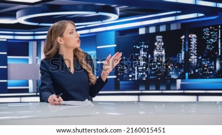 TV Live News Program with Professional Female Presenter Reporting. Television Cable Channel Anchorwoman Talks, Business, Economy, Entertainment. Mockup Network Broadcasting in Newsroom Studio Concept Royalty-Free Stock Photo #2160015451
