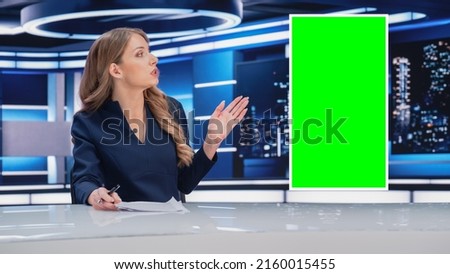 Split Screen TV News Live Report: Female Anchor Talks, Reporting. Reportage Montage with Picture in Picture Green Screen, Side by Side Chroma Key. Television Program on Cable Channel Concept