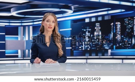 TV Live News Program with Professional Female Presenter Reporting. Television Cable Channel Anchorwoman Talks, Business, Economy, Entertainment. Mockup Network Broadcasting in Newsroom Studio Concept