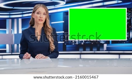 Newsroom TV Studio Live News Program: Caucasian Female Presenter Reporting, Green Screen Chroma Key Screen Picture. Television Cable Channel Anchor Woman Talks. Network Broadcast Mock-up