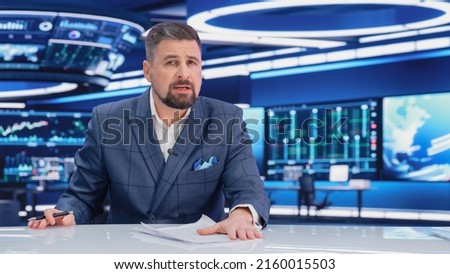 TV Live News Program: Charismatic White Male Presenter Reporting. Television Cable Channel Anchorman or Host Talking about Important Events. Network Broadcast Mock-up. Modern Newsroom Studio Royalty-Free Stock Photo #2160015503