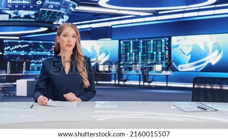 TV Live News Program with Professional Female Presenter Reporting. Television Cable Channel Anchorwoman Talks, Business, Economy, Entertainment. Mockup Network Broadcasting in Newsroom Studio Concept Royalty-Free Stock Photo #2160015507
