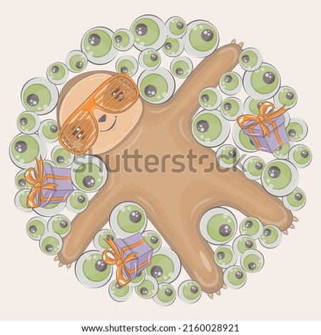 Halloween sloth illustration with pumpkin. Vector illustration of Halloween animal. Cute little illustration Halloween sloth for kids, fairy tales, covers, baby shower, textile t-shirt, baby book.
