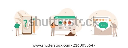 Feedback and review illustration set. Characters giving positive feedback to helpdesk service. Rating scale and customer satisfaction concept. Vector illustration.
 Royalty-Free Stock Photo #2160035547