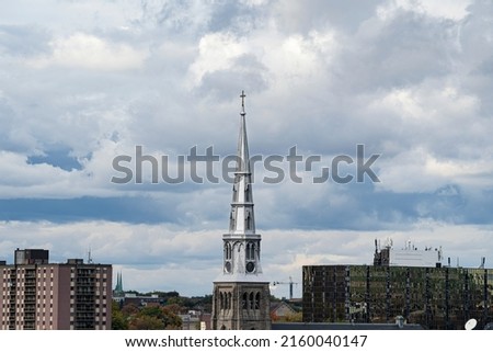 Montreal, Canada: The tower of Saint Jacques Church is under construction on St. Denis street in Montreal, Quebec, Canada. High quality photo