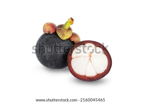 Ripe mangosteen Queen of fruits. and cut in half, ready to eat isolated on white background.
