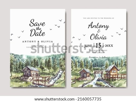 Watercolor wedding invitation of green nature landscape with house and river 
