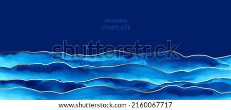 Horizontal background with blue waves and golden lines. Abstract sea, ocean view. Elegant, chic backdrop, cover, card, invitation, business style design. Royalty-Free Stock Photo #2160067717