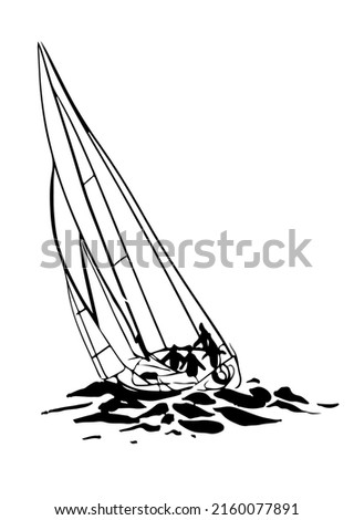 drawing picture of a beautiful racing yacht with white sails and passengers leaned in the water, sketch, hand drawn digital vector illustration
