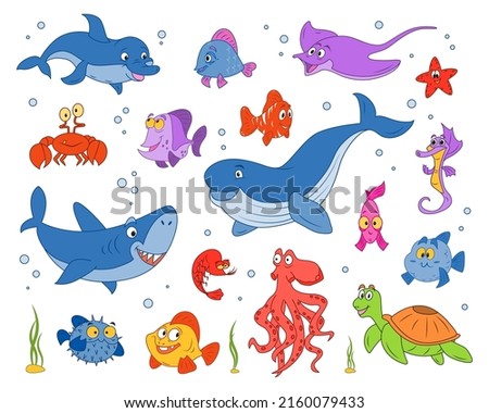Fish and wild marine animals are isolated on white background. Inhabitants of the sea world, cute, funny underwater creatures dolphin, shark, ocean crabs, sea turtle, shrimp. Flat  illustration.