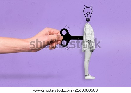 Exclusive dynamic magazine sketch collage of palm wind up woman bulb instead of head isolated violet purple colorful background Royalty-Free Stock Photo #2160080603