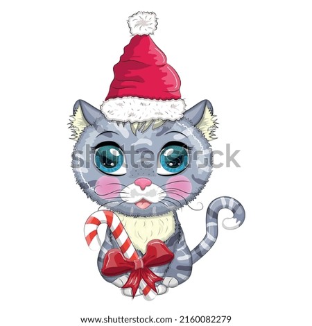Cute cartoon cat in santa hat with candy kane. Winter 2023, Christmas and Chinese New Year.
