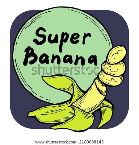 Sweet yellow banana fruit decorative frame border for product etiquette label. Vegan, bio, organic food. Design template. Hand drawn retro vintage illustration. Old style colorful cartoon line drawing