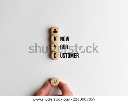 Concept know your customer or KYC. Text and icons on dice Royalty-Free Stock Photo #2160089859