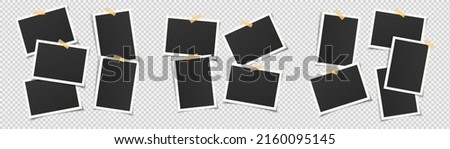 Set of empty black photo frames of various shape and size glued to transparent background with adhesive tape of different colors. Vector illustration with vintage style. Royalty-Free Stock Photo #2160095145