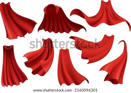 Superhero red capes. Scarlet fabric silk cloak in different position, front and side view. Carnival masquerade dress, realistic costume design. Flying Mantle costumes Royalty-Free Stock Photo #2160096301