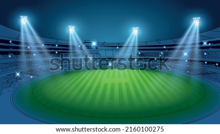 Night Cricket stadium illustration vector. Football night stadium background vector. Royalty-Free Stock Photo #2160100275