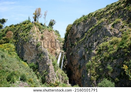 Waterfall landscape. Ayun's fall water stream. River Nahal Ayun. Nature Reserve and National park. Upper Galilee, Israel