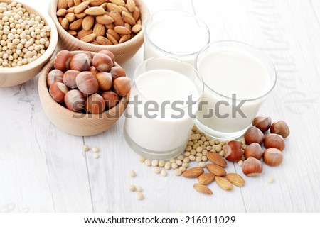 different vegan milk - food and drink Royalty-Free Stock Photo #216011029
