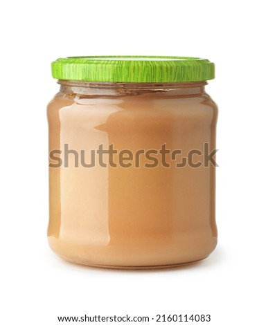 Front view of unlabeled apple puree glass jar isolated on white Royalty-Free Stock Photo #2160114083