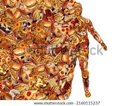 Fast Food and the Human body made of junkfood as a nutrition and dietary health problem concept as an obese person or obesity and diabetes symbol as a huge group of unhealthy fast food and snacks. Royalty-Free Stock Photo #2160115237