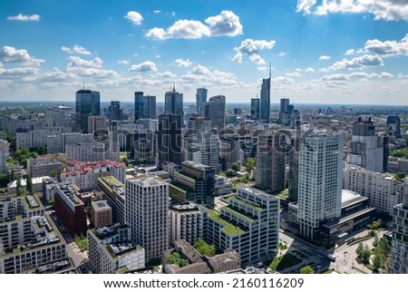 Panoramic. view of modern skyscrapers and business centers in Warsaw. View of the city center from above. Warsaw, Poland. Royalty-Free Stock Photo #2160116209
