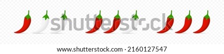 Pepper spiciness level. Pepper spice level. Red chilli pepper icons. Spicy peppers icons set. Isolated vector graphic EPS 10 Royalty-Free Stock Photo #2160127547