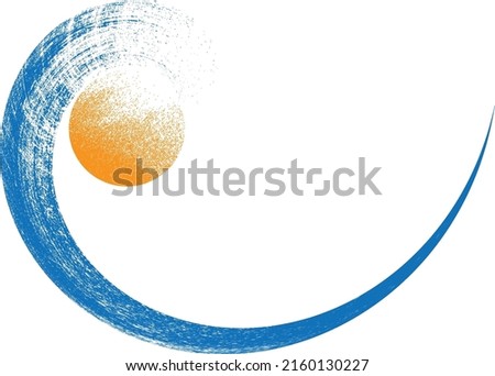 Ocean, sun and Blue Abstract Waves . Sunset Logo Element. Surfing Icon . Brush Stroke wave . Vector Illustration. 
