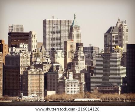 Vintage filtered picture of Manhattan over Hudson River, New York City.
