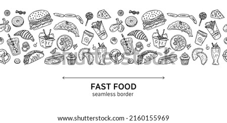 Fast food seamless border with vector hand drawn sandwich, pizza, french fries, donuts, burger, hot dog, noodle, coffe and cupcake.