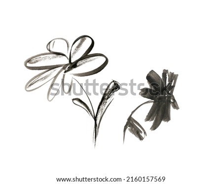 Sketched brush flowers. Flower symbol, black watercolour blossom sign, simple floret icon, flowering paint sketch, bloom illustration