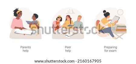 Doing homework isolated cartoon vector illustration set. Parent help teenager with homework, peer help, diverse teen friends study together, concentrated girl preparing for exam vector cartoon. Royalty-Free Stock Photo #2160167905