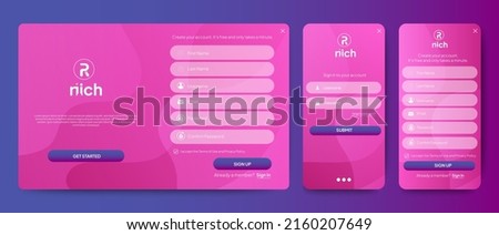 Set of Sign Up and Sign In forms. Red gradient background with modern logo. Registration and login forms page. Professional web design, full set of elements. User-friendly design materials. Royalty-Free Stock Photo #2160207649