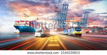 Logistics Transportation Import Export and Container Cargo Freight Ship, freight train, cargo airplane, container truck on highway at industrial port dock yard background, handlers, Global Business Royalty-Free Stock Photo #2160230853