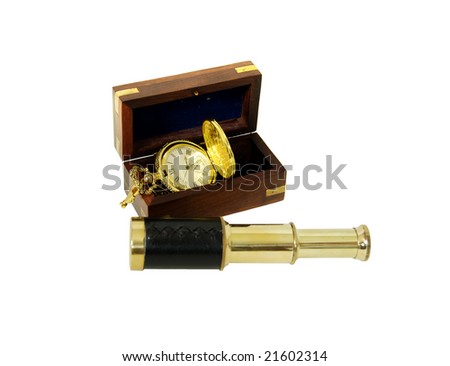 Wooden box with brass corner inlays, Gold pocket watch with a metal chain, Telescoping telescope used to see distances