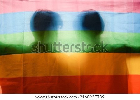 Rainbow flag background with a shadow of men behind. LGBT pride, gay, transgender, bisexual, homosexual, queer with LGBT flag. Royalty-Free Stock Photo #2160237739