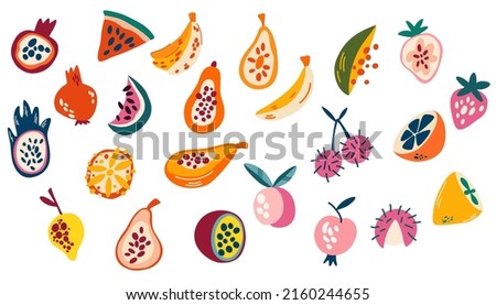 Fruit Set. Tropical fruits, pomegranate, cherry, pear, apple, kiwi, peach, mango, fig, papaya. Sweet healthy food. Vector cartoon hand draw illustration