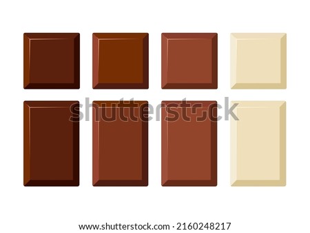 Chocolate bar piece chunk vector icon set. Yummy dark black, bitter, milky and white choco part square and rectangular shape. Flat design cartoon style cacao sweet food clip art illustration.