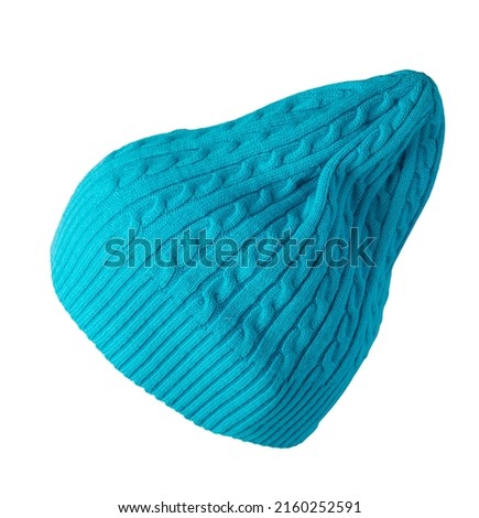 knitted blue hat isolated on white background. warm winter accessory