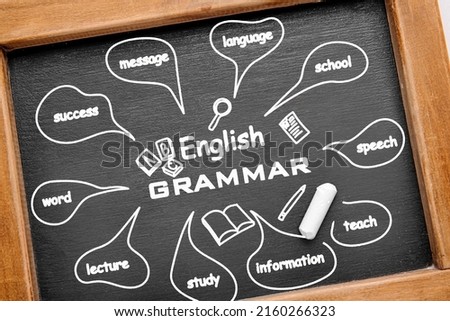 Chalkboard with text ENGLISH GRAMMAR and different words, closeup